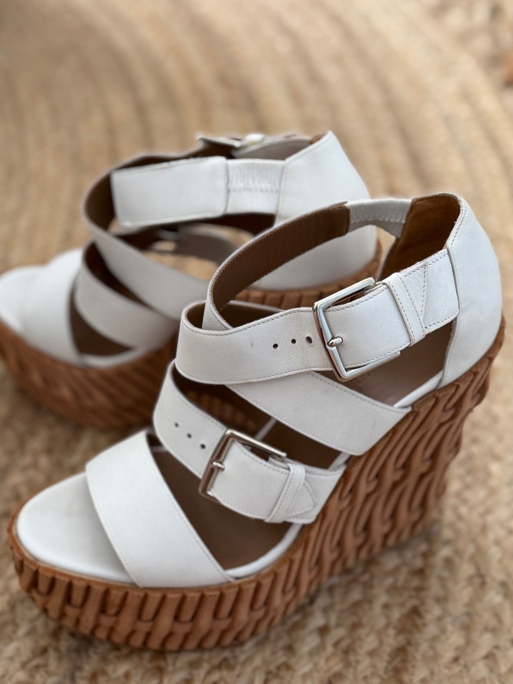 Hermes Celeste White Leather Strappy Wedge Sandals Tan Woven 💯 authentic